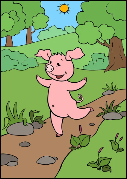 Animais de criação de desenhos animados. Um porquinho fofo corre pela estrada e ri . — Vetor de Stock