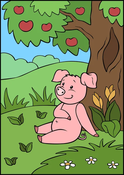 Animais de criação de desenhos animados. Porquinho bonito sentado perto de uma árvore na grama e sorrindo . — Vetor de Stock