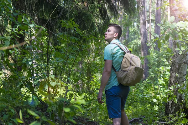 En man går i skogen. En resenär, turist. Sommaren. Hösten. — Stockfoto