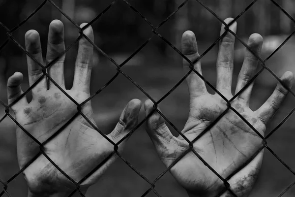 Man hands in jail. Imprisonment. Poverty, suffering. — Stock Photo, Image