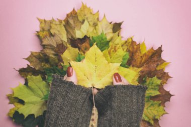 Sonbahar yaprakları ile bir paket tutan kız