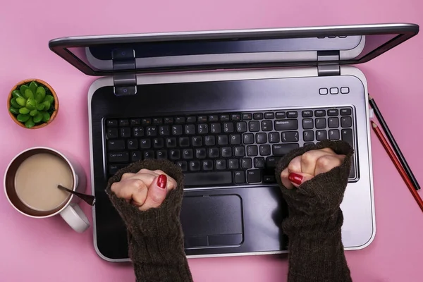 La chica trabaja en la computadora. Fondo de color. El concepto de freelancing . —  Fotos de Stock