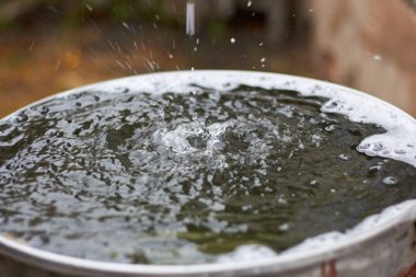 Fıçı yağmur suyuyla dolu. Çatıdan atık su. Damlalar, sıçramalar.