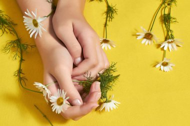 Sarı arka planda çiçekli güzel kız elleri.