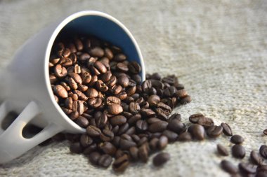 Bej arka plandaki beyaz fincanda kahve çekirdekleri.