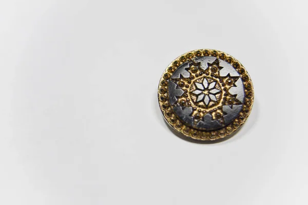 Black and golden ornamented button with floral mandala pattern o — Stok fotoğraf