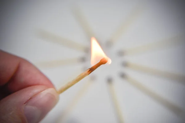 Burning Wooden Match Hand Circle Matches White Backgtound Selective Focus — Stock Photo, Image