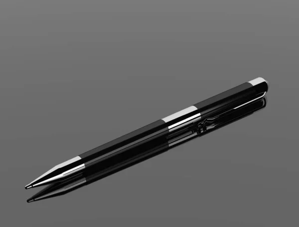 Ballpoint pen on a mirror gray background. Ballpoint pen 3D render. Shiny ballpoint pen close-up. Writing affiliation