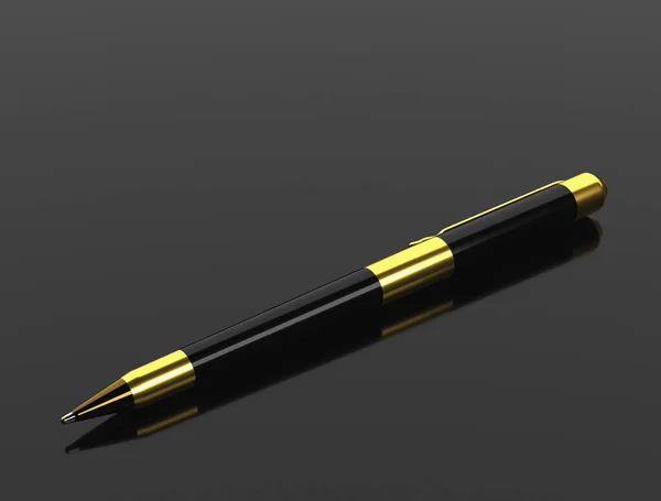 黑色圆珠笔 镜面上有金黄色的金属口音 圆珠笔3D渲染 圆珠笔靠拢 — 图库照片