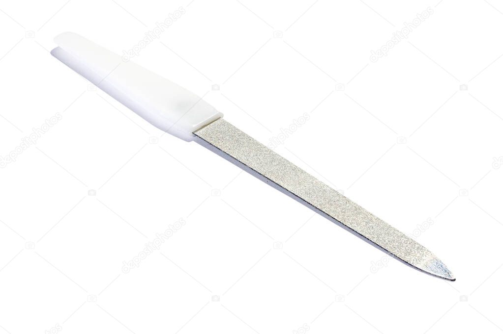 Diamond nail file with a white handle on a white background. Tool for manicure. Nail care. manicure accessory isolate