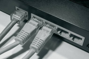 Ethernet Rj45 bağlantı bağlantıları. İnternet bağlantısı. Yerel bir ağdaki veri iletimi. Dijital iletişim hatları