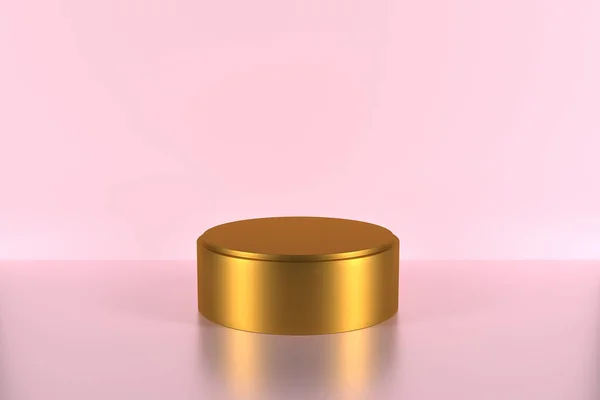 Pedestal Ouro Com Uma Borda Fica Uma Superfície Rosa Espelhada — Fotografia de Stock