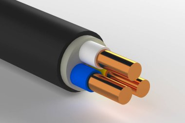 Çıplak bakır kondüktörlü üç kablolu bir elektrik kablosunun son yüzü. Elektrikli bakır 3D kablo. Elektrik kablosu beyaz arkaplanda kapanır