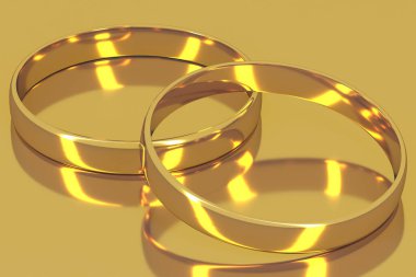 Altın arka planda iki altın alyans. Yakın plan 3D.