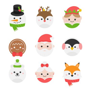 Sevimli noeller, yuvarlak karakterler vektör illüstrasyon koleksiyonu. Kış, mevsimlik, tatil, şenlikli Noel kafaları. Ayrı karikatür grafik simgeleri.