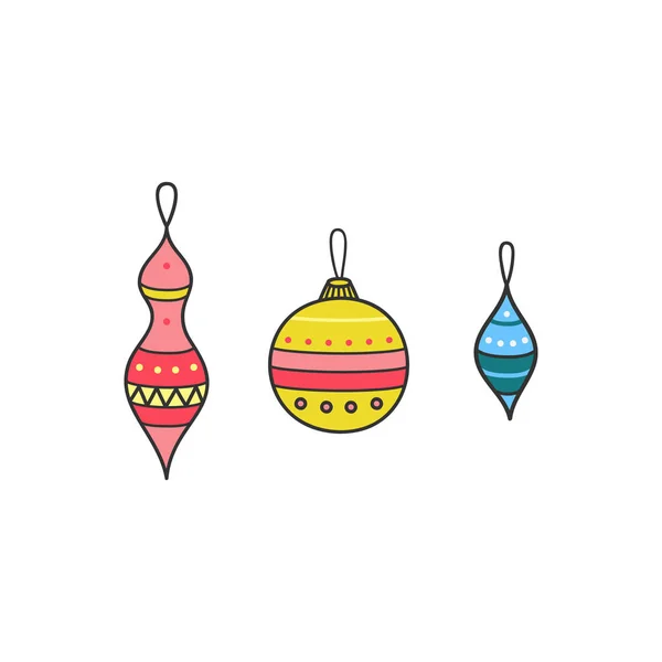 Set Hanging Christmas Balls String Vector Illustration Different Hand Drawn — Stock Vector