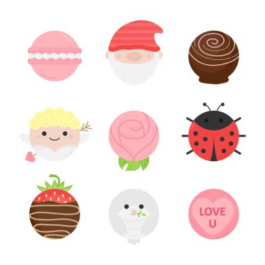 Cute Valentine's Day round characters vector illustration collection. Lovely, holiday, circle symbols, items. Isolated cartoon graphic icons.