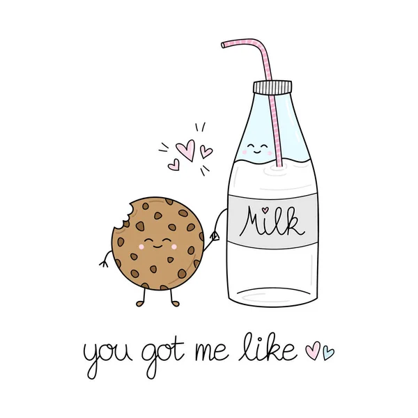 Milk and cookie vector illustration graphic. Hand drawn lovely Valentine's Day card. You got me like quote handwriting. Isolated.