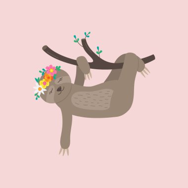 Şirin miskin hayvan vektör çizimi. Kafasında çiçek tacı olan, dalda asılı el yapımı tembel hayvan. Pembe arka planda izole edilmiş.
