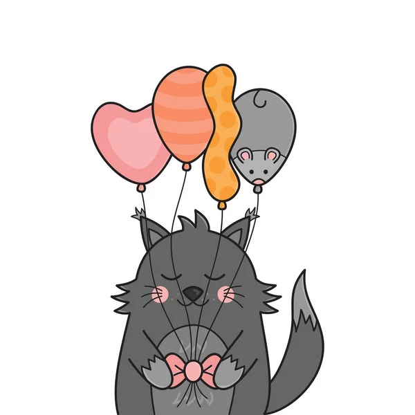 Funny birthday cat vector illustration. Hand drawn greeting card with cute grey hairy kitten holding balloons. Isolated.