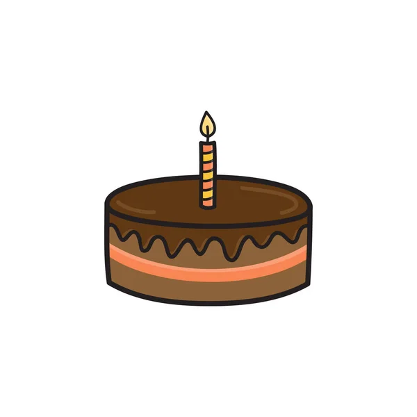Cute Birthday Cake Vector Illustration Hand Drawn Chocolate Cake Candle — Stock Vector