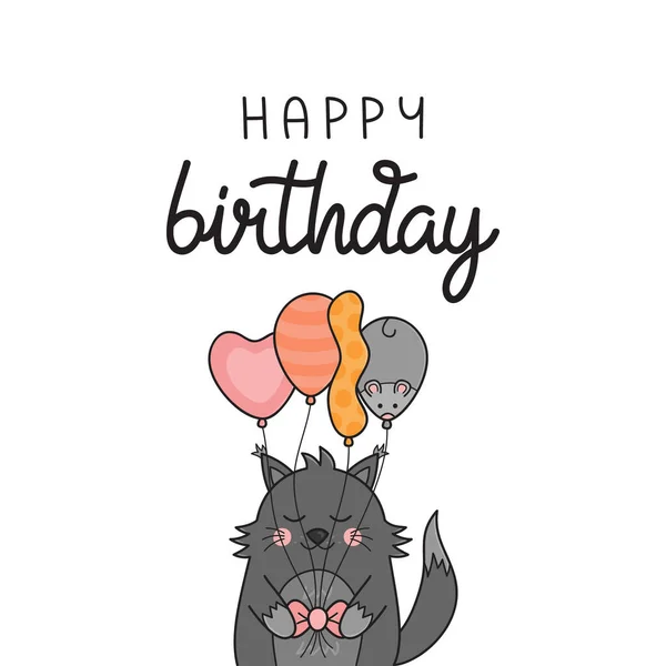 Happy birthday funny cat vector illustration. Hand drawn and handwritten greeting card with cute grey kitten holding balloons. Isolated.
