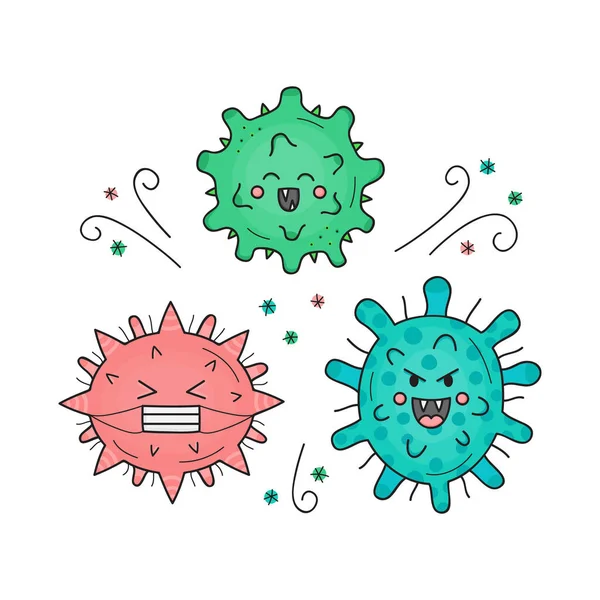 Cute Wirus Wektor Organizm Ilustracji Zestaw Ręcznie Rysowane Bakterie Choroby — Wektor stockowy