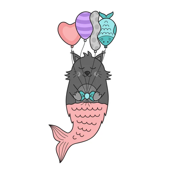 Nette Meerjungfrau Katze Vektor Illustration Handgezeichnete Geburtstagskatze Mit Luftballons Isoliert — Stockvektor