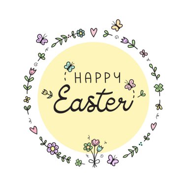 Mutlu Paskalya çiçekli çiçek vektör çizimleri. El çizimi çiçekler, bitkiler ve kelebekler el yazısıyla daire içine alınmış. Mevsimlik tebrik kartı, izole edilmiş..
