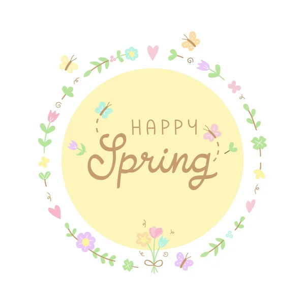 Szczęśliwej Wiosny Kwiatowy Wieniec Wektor Ilustracji Ręcznie Rysowane Kwiaty Rośliny — Wektor stockowy
