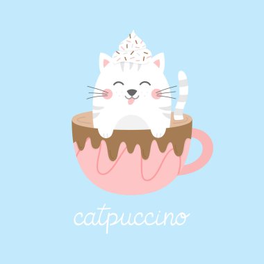 Cappuccino vektör illüstrasyonundaki şirin kedi. Kafasına krem şanti sürülmüş kahve fincanında kedi yavrusu çizilmiş ve fincana çikolata serpiştirilmiş. Üzerinde de catpuccino yazılı. İzole edilmiş.
