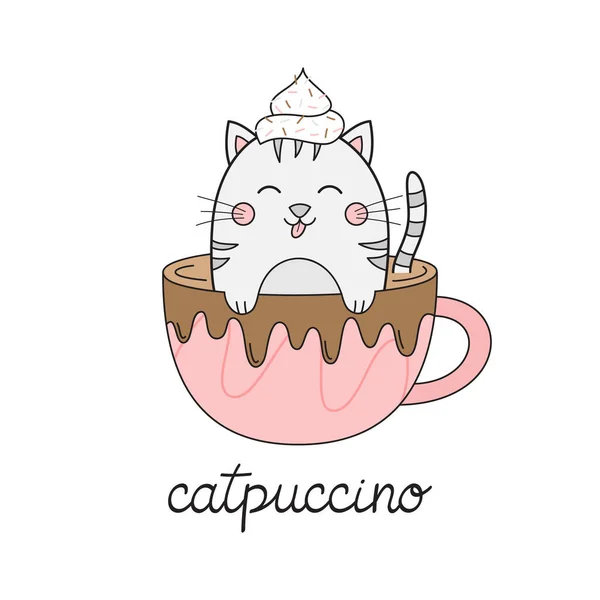 Słodki Kot Ilustracji Wektor Cappuccino Śmieszne Ręcznie Rysowane Kotki Kubku — Wektor stockowy