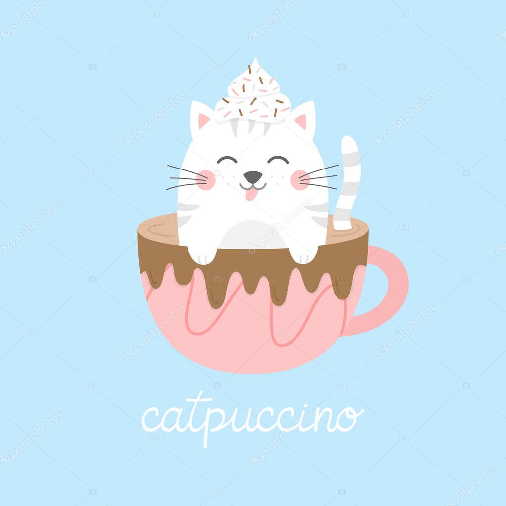 Cute cat in cappuccino vector illustration. Funny hand drawn kitten in coffee mug with whipped cream dollop on head and chocolate drizzle on cup, with catpuccino writing. Isolated.