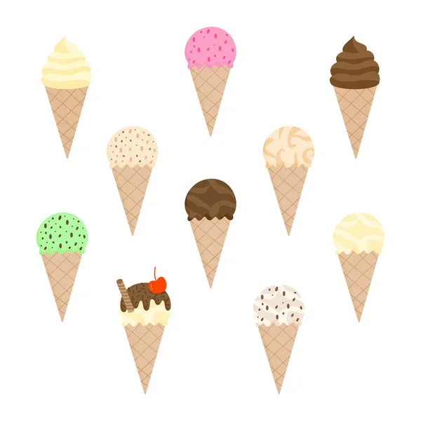 かわいいアイスクリームベクトルイラストセット ワッフルコーン 夏のコレクションに手描きのアイスクリーム アイスクリームの異なる味 — ストックベクタ