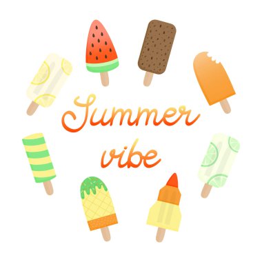 Yaz titreşimli buzlu şeker vektör çizimi. Elle çizilmiş ve el yazısıyla yazılmış bir yazı havası var. Dondurma da var. Buzlu lolipop sezonluk grafik, izole.