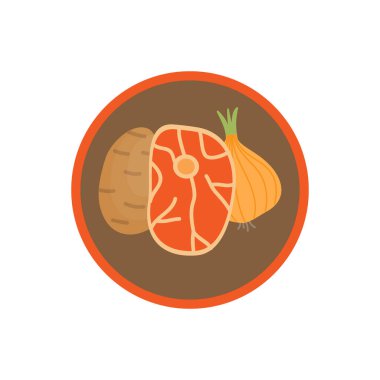 Gulaş sebze çorbası temsili ikonu. Kök sebze suyu, patates ve soğanlı yuvarlak etiket. İzole edilmiş.