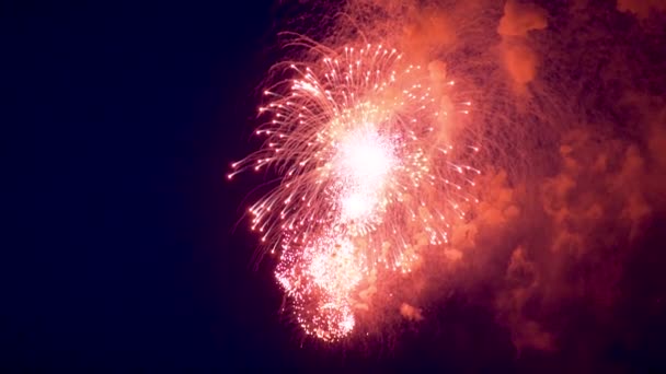 Fogos de artifício no céu noturno, bolas brilhantes cintilantes — Vídeo de Stock