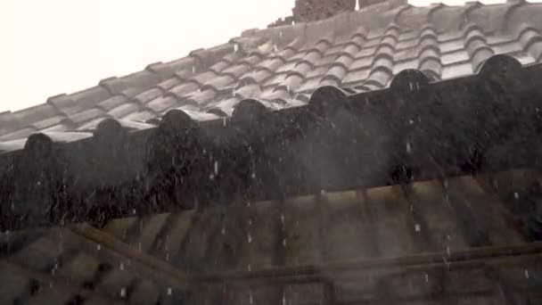 Starkregen ergießt sich in asia bali Zeitlupe von einem Ziegel auf ein Dach — Stockvideo