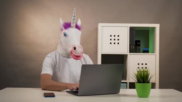 L'uomo nella maschera unicorno che lavora su computer portatile e risponde a una telefonata — Video Stock