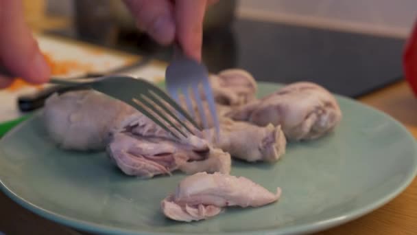 En man separerar med en gaffel köttet från benen kyckling — Stockvideo