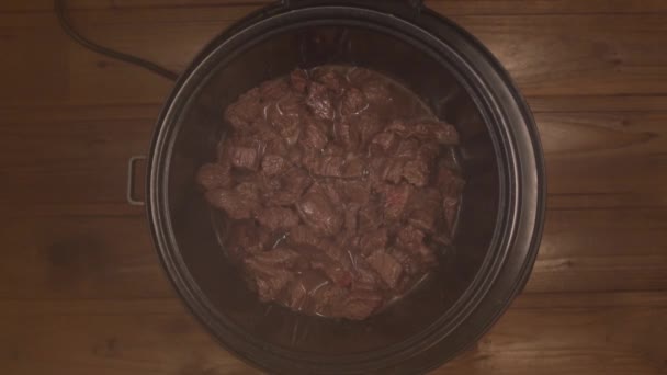 Kjøtt stekt i en treg kokekar er damp. – stockvideo