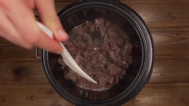 A man cooks beef stew in a slow cooker stir with a spoon — Stock Video