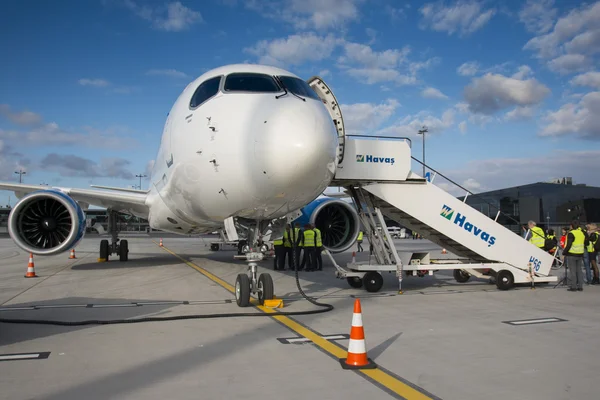 RIGA - SEPTEMBER 27: airBaltic new Bombardier CSeries passenger jet on display at Riga Airport - September 27, 2016 in Riga, Latvia — Stock Photo, Image