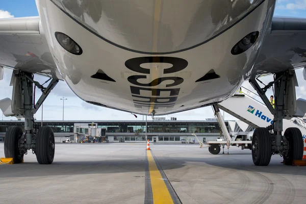 RIGA - SEPTEMBER 27: airBaltic new Bombardier CSeries passenger jet on display at Riga Airport - September 27, 2016 in Riga, Latvia — Stock Photo, Image