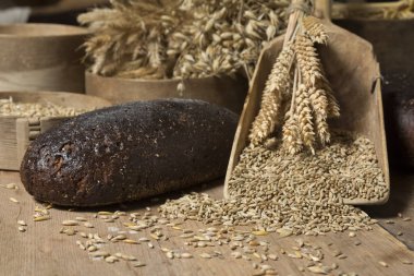 Ekmek arka plan. Kahverengi tam tahıl somun kompozisyon buğday kulaklı rustik ahşap üzerine dağılmış