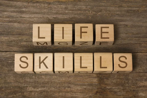 Life Skills Texto Cubos Brinquedo Madeira — Fotografia de Stock