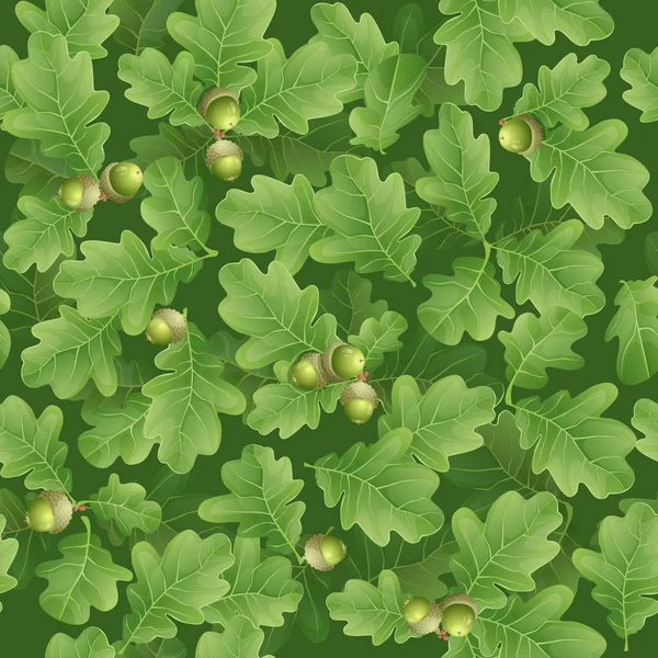 Nahtloses Muster frühlingsgrüner Eichenblätter mit grünen Eicheln — Stockvektor