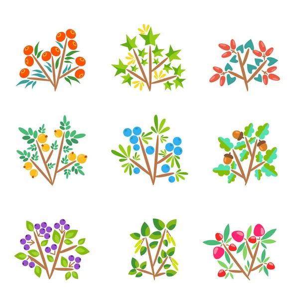 Девять мультяшных кустов с яркими ягодами — стоковый вектор