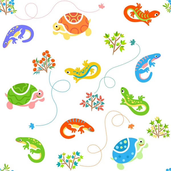 Seamless cartoon pattern with lizards and turtles — Stock Vector