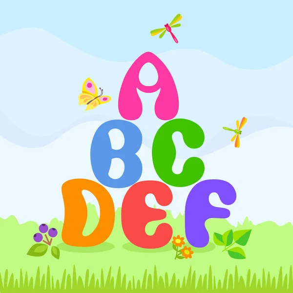 Cartel de dibujos animados con seis letras de alfabeto — Vector de stock